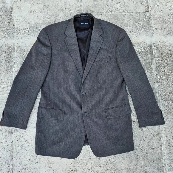 Nautica Men Blazer Sport Coat Jacket 100% Wool Dark Gray Two Button Size 46L - Picture 2 of 10